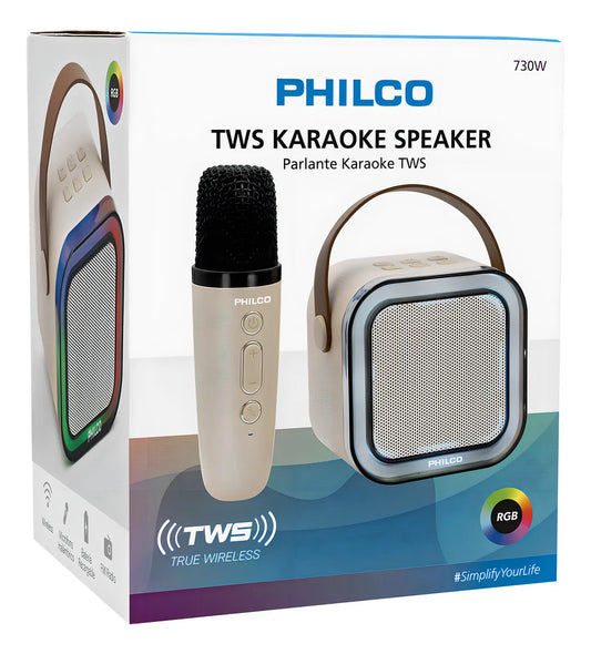 Parlante Karaoke Philco 730W TWS - Bluetooth 5.1, Micrófono Inalámbrico, Luces RGB, Radio FM, 5W de Potencia, Puerto USB-C