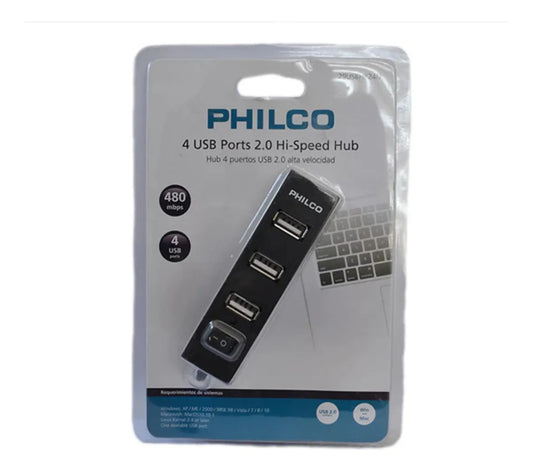 Hub USB 2.0 Philco 4 Puertos - Expansor de Conectividad, Color Negro