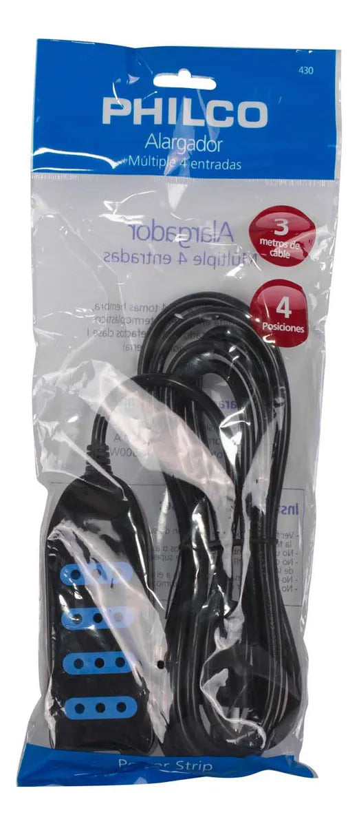 Alargador Philco 4 Tomas - Cable Extensión 5 Metros Negro - Máxima Seguridad 1500W - Hogar/Oficina