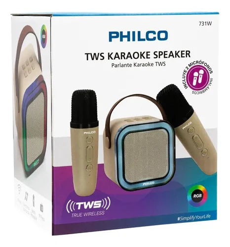 Parlante Karaoke Philco 731W TWS - 2 Micrófonos Inalámbricos, Luces RGB, Bluetooth 5.1, Radio FM, Puerto USB-C