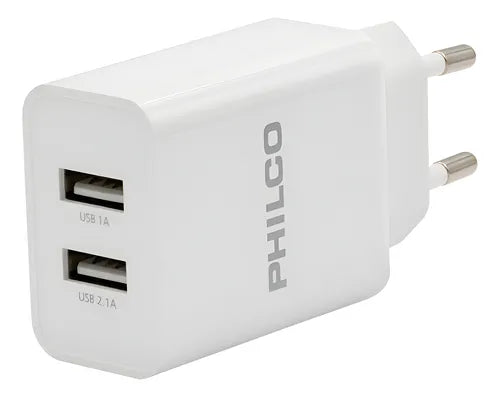 Cargador Celular Doble USB Philco R2100 - Carga Rápida 2.1A + Cable Micro Usb Compatible Universal - Blanco