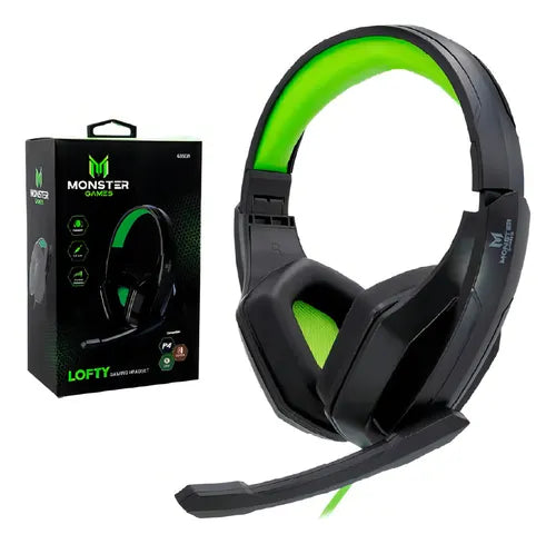 Audífonos Pc Y Consola Gamer Monster 655gr Lofty 40mm Plegables Multiplataforma Color Negro/Verde