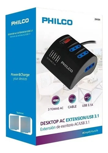 Alargador Philco 3 Tomas AC + 3 USB - Carga Rápida 3.1A - Cable 1.5m Negro