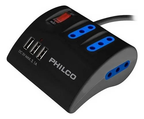 Alargador de Escritorio Philco 2044B - 3 Tomas AC + USB-C QC3.0 - Carga Rápida 2.4A - Cable 1.5m Negro