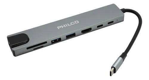 Hub USB-C 8 en 1 Philco Gris 87W PD HDMI 4K Ethernet Lector SD/TF 3 USB