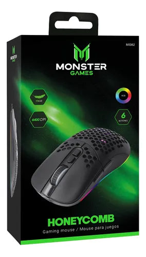 Mouse Gamer Ultraligero Honeycomb Monster 6400 DPI 75g RGB Cable Trenzado 1.5m Negro
