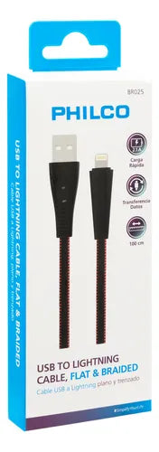 Cable Celular de Carga Rápida Philco USB a Lightning - 1m - Malla Trenzada - 2.1A Negro