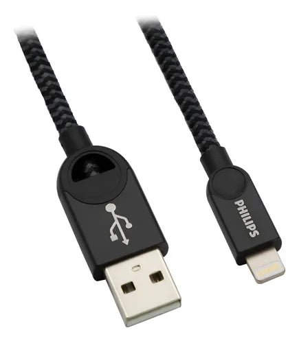 Cable Celular Lightning Trenzado Philips DLC2608B/97 - 1.2 Metros - Negro - Carga Rápida y Sincronización