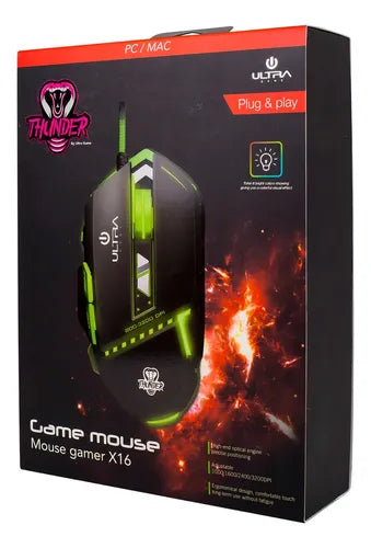 Mouse Gamer X16 Ultra Technology - Sensor 3200 DPI Ajustable, Cable Blindado, Diseño Metálico con Retroiluminación RGB - Color Negro