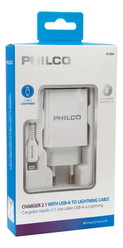 Cargador Celular de Pared Philco R1090 - Doble Puerto USB 2.1A + Cable Lightning para iPhone - Carga Rápida 10W - Blanco