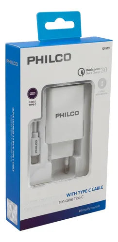 Cargador Celular Rápido Philco QC619 18W con Cable USB-C Incluido - Tecnología Qualcomm Quick Charge 3.0 - Blanco