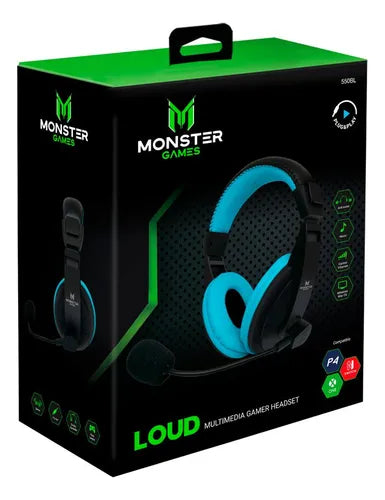 Audífonos Pc Y Consola Gamer Monster Games Loud 550 Color Celeste Multiplataforma Sonido Surround Micrófono Omnidireccional