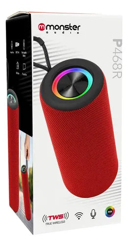 Parlante Bluetooth Monster P468 con Luces LED Rojo Sonido 10W, TWS y Radio FM Batería 1200mAh