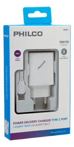 Cargador Celular Rápido Philco QC621 20W USB-C + Cable Tipo C Incluido - Carga Rápida PD y QC 3.0 - Blanco