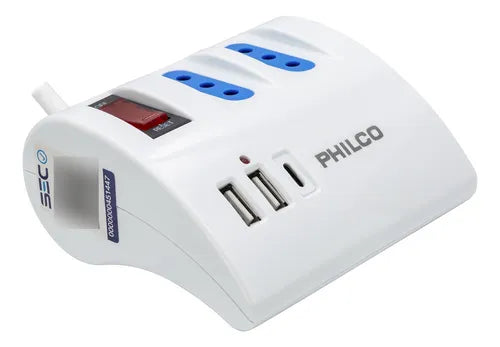 Alargador de Escritorio Philco 2044B - 3 Tomas AC + USB-C QC3.0 - Carga Rápida 2.4A - Cable 1.5m Blanco