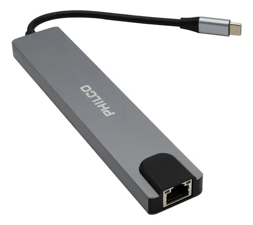 Hub USB-C 8 en 1 Philco Gris 87W PD HDMI 4K Ethernet Lector SD/TF 3 USB