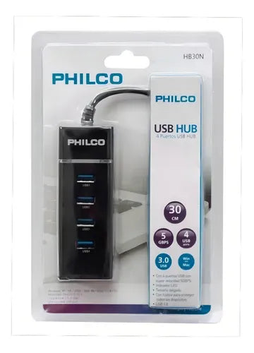 Hub USB 3.0 Philco HB30N - 4 Puertos con Iluminación LED, Transferencia 5Gbps, Negro
