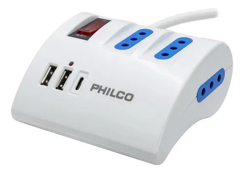 Alargador de Escritorio Philco 2044B - 3 Tomas AC + USB-C QC3.0 - Carga Rápida 2.4A - Cable 1.5m Blanco