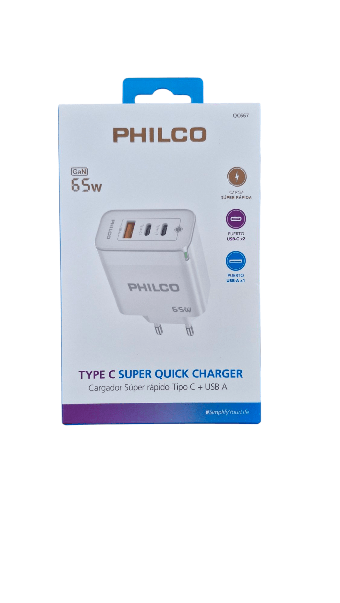 Cargador Celular de Pared Philco 65W Doble Puerto USB-C + USB-A - Carga Rápida Qualcomm QC 3.0 blanco