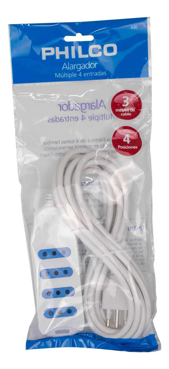 Alargador Philco 4 Tomas - Cable Extensión 5 Metros Blanco - Máxima Seguridad 1500W - Hogar/Oficina