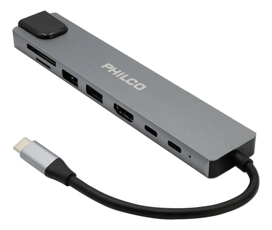 Hub USB-C 8 en 1 Philco Gris  87W PD  HDMI 4K  Ethernet  Lector SD/TF  3 USB