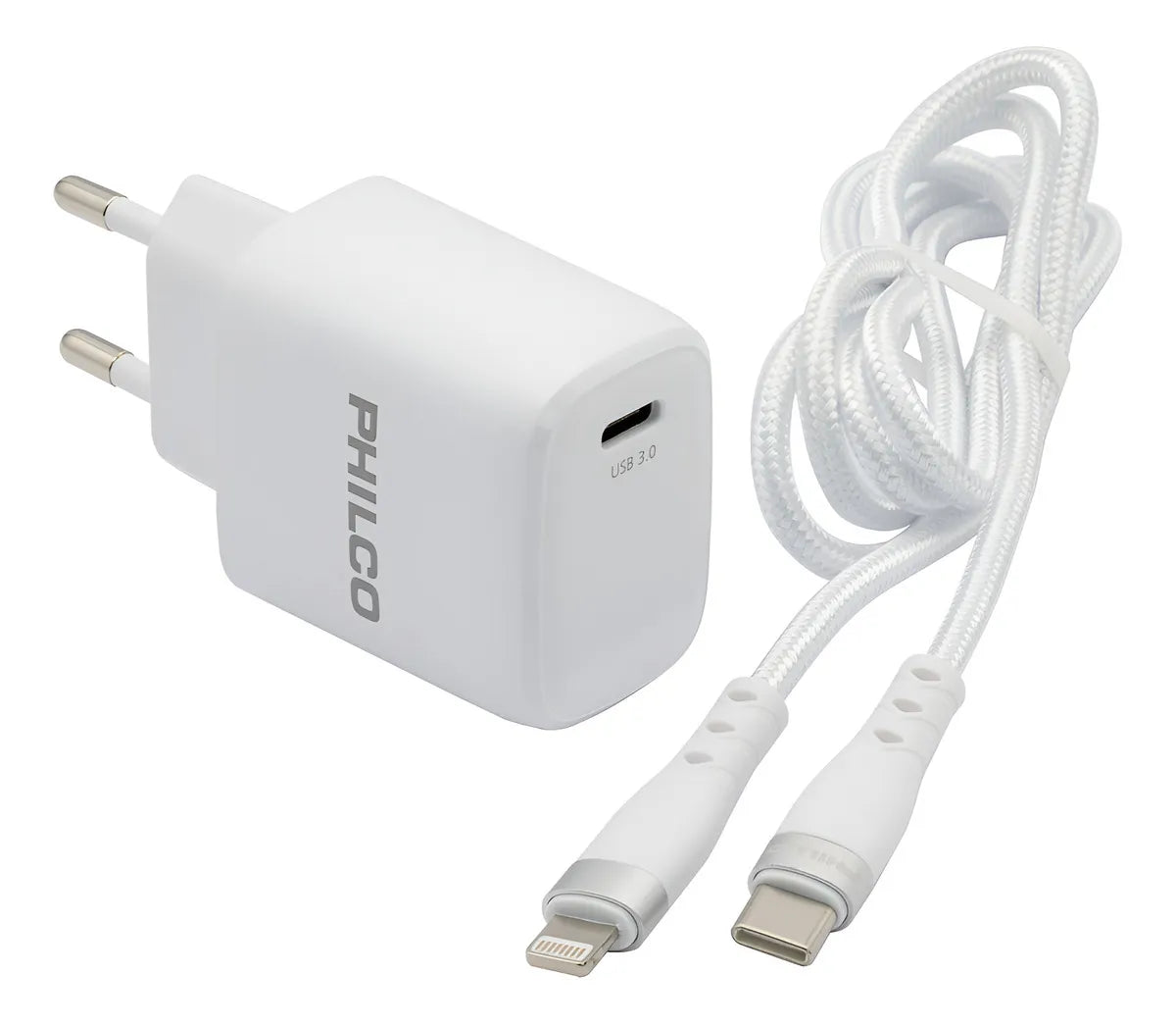 Cargador Celular  Rápido Philco QC624 20W + Cable Tipo C y Lightning Blanco