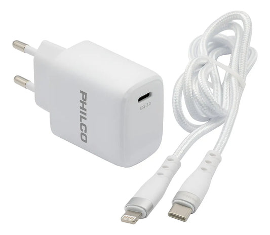 Cargador Celular  Rápido Philco QC624 20W + Cable Tipo C y Lightning Blanco