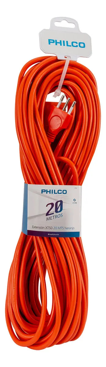 Alargador Eléctrico Philco 20 Metros Naranja - Extensión Profesional 2500W - Cable Calibre 1.0mm²