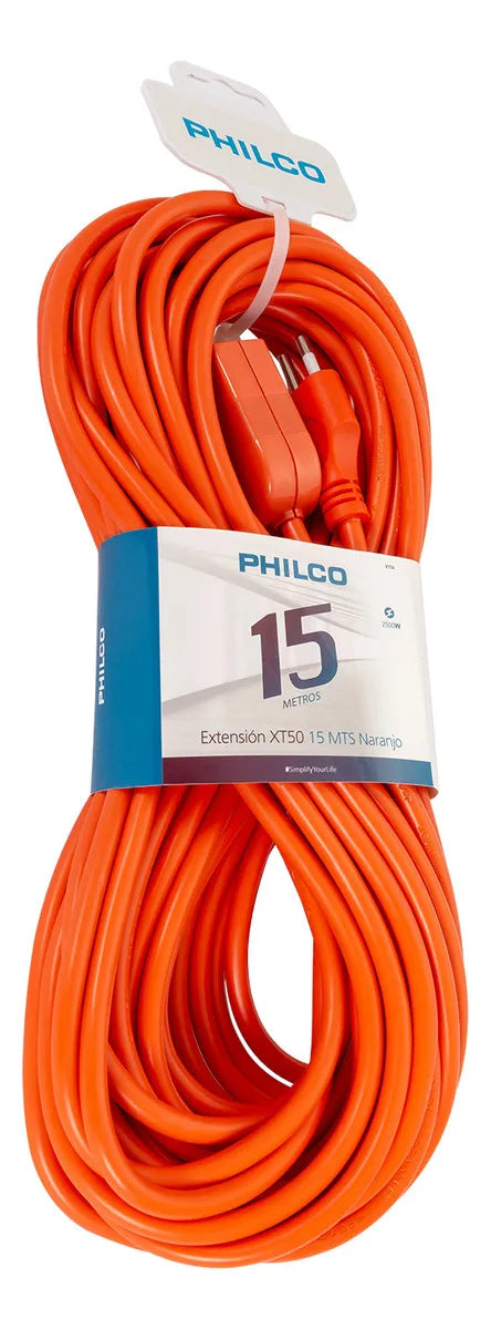 Alargador Eléctrico Philco 15 Metros Naranja - Extensión Industrial 2500W - Cable Calibre 1.0mm²