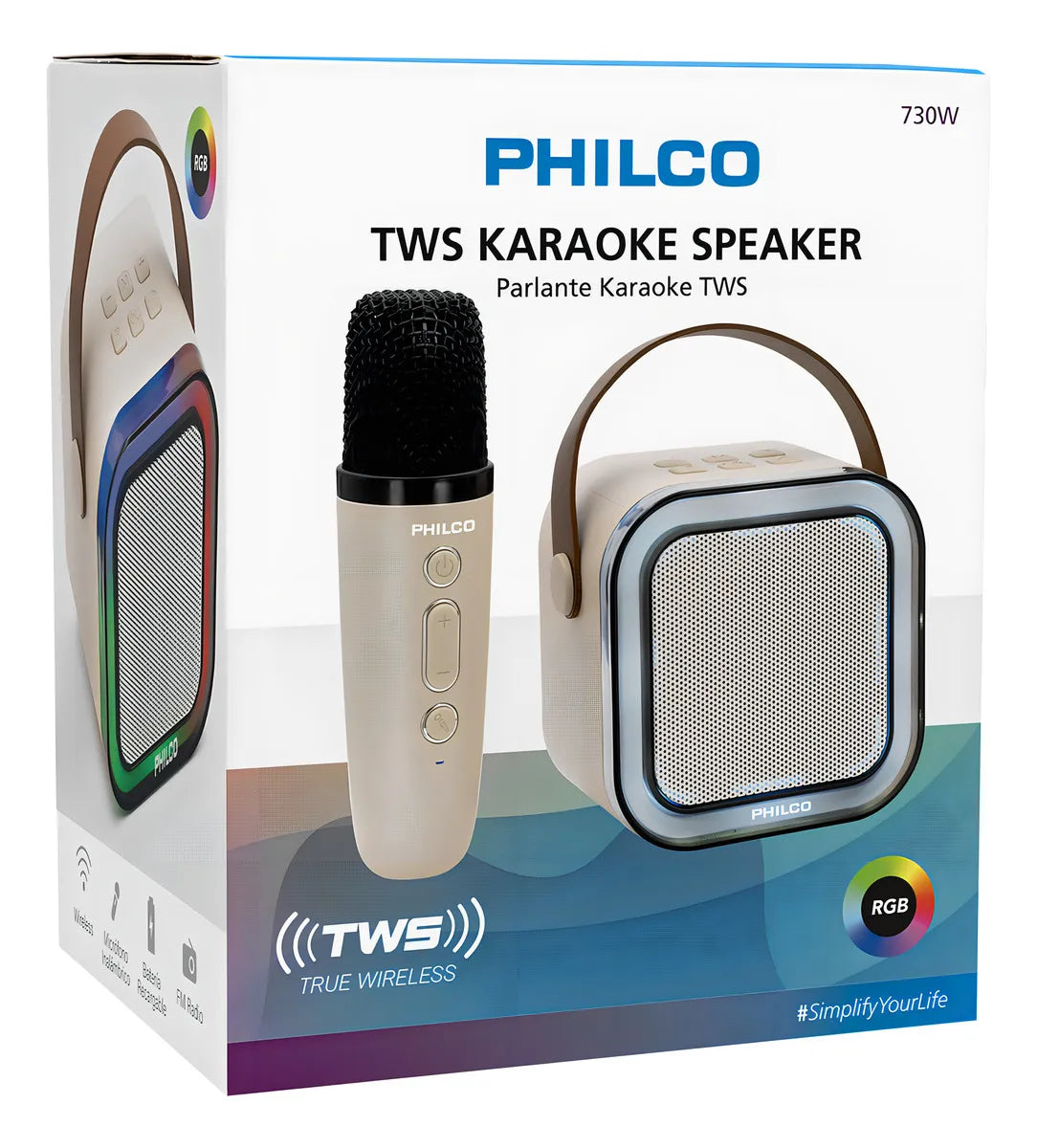 Parlante Karaoke Philco 730W TWS - Bluetooth 5.1, Micrófono Inalámbrico, Luces RGB, Radio FM, 5W de Potencia, Puerto USB-C