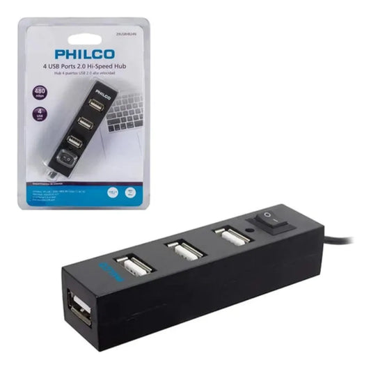 Hub USB 2.0 Philco 4 Puertos - Expansor de Conectividad, Color Negro