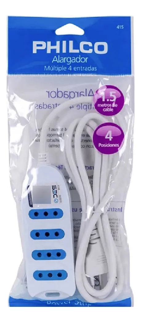 Alargador Philco 4 Tomas 1.5 Metros - Máxima Seguridad 1500W
