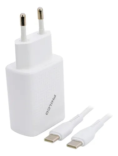Cargador Celular  Rápido Philco QC621 20W USB-C + Cable Tipo C Incluido - Carga Rápida PD y QC 3.0 - Blanco