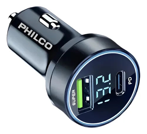 Cargador Celular para Auto Philco QC 3.0 + USB-C PD 30W con Pantalla LED - Carga Rápida Dual