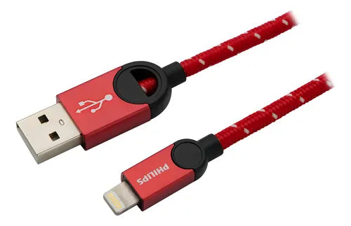 Cable Celular Lightning Trenzado Philips DLC2608N/97 - 1.2 Metros - Rojo - Carga y Sincronización