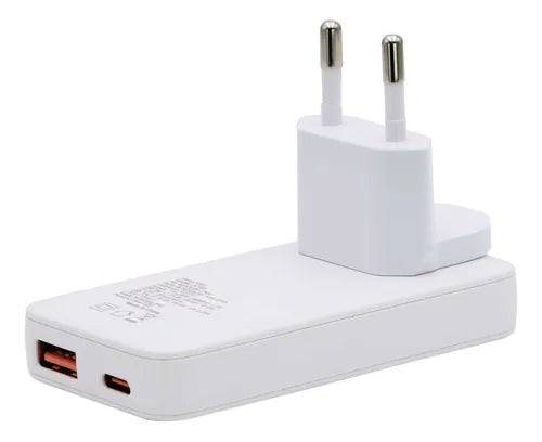 Cargador Celular  Ultra Plano Philco 65W QC668 - Dual Puerto USB-C + USB-A - Incluye Cable Tipo-C - Diseño para Viajes - Blanco