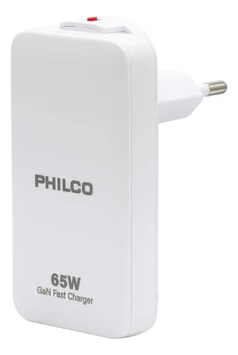 Cargador Celular  Ultra Plano Philco 65W QC668 - Dual Puerto USB-C + USB-A - Incluye Cable Tipo-C - Diseño para Viajes - Blanco