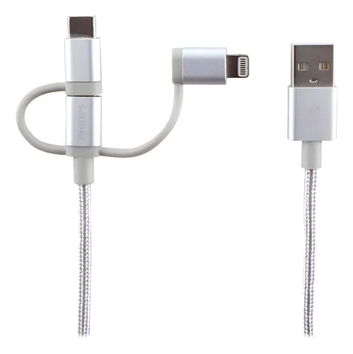 Cable Celular Triple Función Philco DLC2608SR/97 - Compatible iPhone, Android y USB-C - Plateado