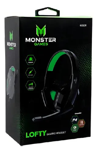 Audífonos Pc Y Consola Gamer Monster 655gr Lofty 40mm Plegables Multiplataforma Color Negro/Verde