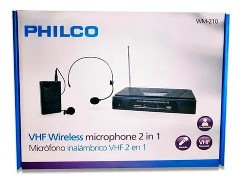 Micrófono Inalámbrico VHF Philco WM-210 2 en 1 - Cintillo y Solapa - Alcance 50m - Profesional para Presentaciones y Eventos