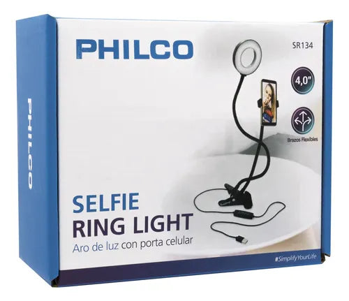 Soporte Celular con Aro de Luz Philco para Smartphone - Clip Adjustable y Brazos Flexibles - Negro