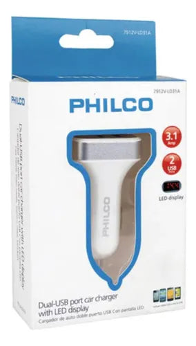 Cargador Celular para Auto Philco Doble USB 3.1A con Pantalla LED - Carga Rápida Adaptativa