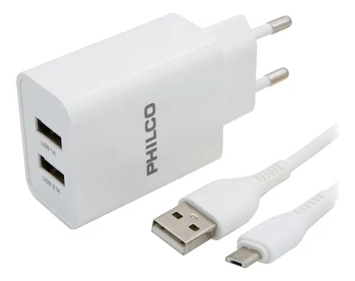 Cargador Celular  Doble USB Philco R2100 - Carga Rápida 2.1A + Cable Micro Usb Compatible Universal - Blanco