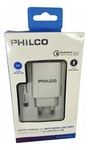 Cargador Celular  Rápido Philco QC620 18W + Cable Micro USB - Tecnología Qualcomm Quick Charge 3.0 - Blanco