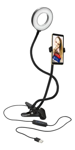 Soporte Celular con Aro de Luz Philco para Smartphone - Clip Adjustable y Brazos Flexibles - Negro