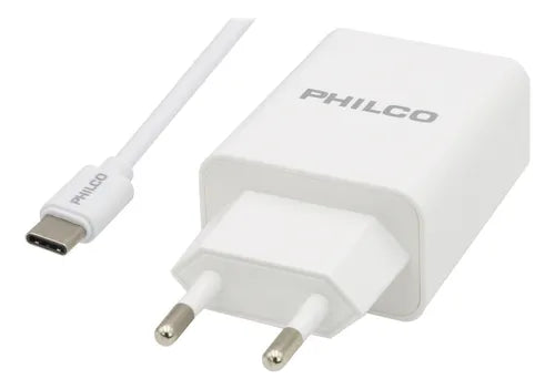 Cargador Celular  Rápido Philco QC619 18W con Cable USB-C Incluido - Tecnología Qualcomm Quick Charge 3.0 - Blanco