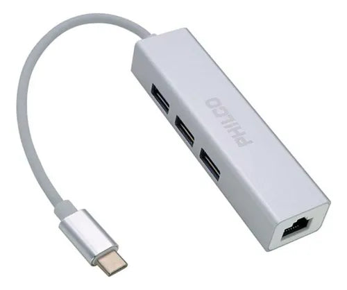 Hub USB-C Philco 4 en 1 - 3 Puertos USB 3.0, Ethernet Gigabit, OTG, Compatible con Mac/PC, Gris