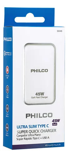 Cargador Celular Ultra Plano Philco 45W Dual Puerto USB-C + USB-A - Incluye Cable Tipo-C Blanco