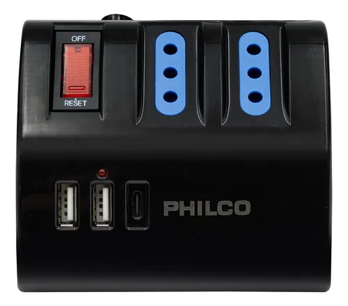 Alargador de Escritorio Philco 2044B - 3 Tomas AC + USB-C QC3.0 - Carga Rápida 2.4A - Cable 1.5m Negro
