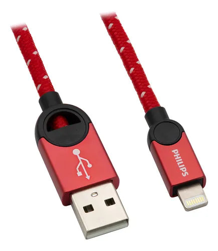 Cable Celular Lightning Trenzado Philips DLC2608N/97 - 1.2 Metros - Rojo - Carga y Sincronización
